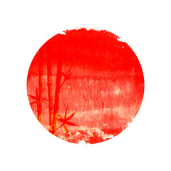 Red silhouette of bamboo plants on big red sun