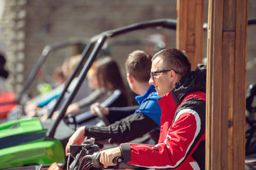 parked in a row several atv quad bikes extreme outdoor adventure concept