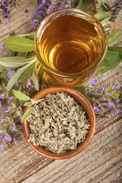 Sage tea with sage leaves. Salvia officinalis medicinal herb. Healthy tea made from sage leaves.