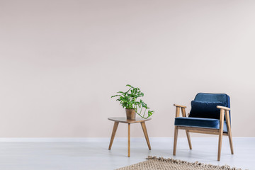 Navy blue armchair with wooden frame in a trendy living room interior with an empty pink wall and copy space for a bookcase. Real photo.
