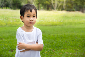 Portrait of a beautiful asian boy in the park, standing with arms crossed with copy space image.