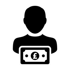 Finance icon vector male user person profile avatar with Pound sign currency money symbol for banking and business in flat color glyph pictogram illustration