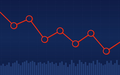 Abstract financial bar chart with red downtrend line graph on blue color background 