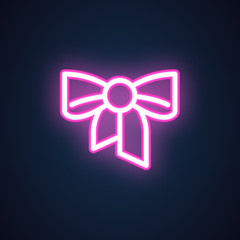 Neon bow icon in pink line style. Glowing bowtie. Element evening wear, festive accessory for ceremony. Logo for shop signs, sales and gifts. Vector illustration isolated on black