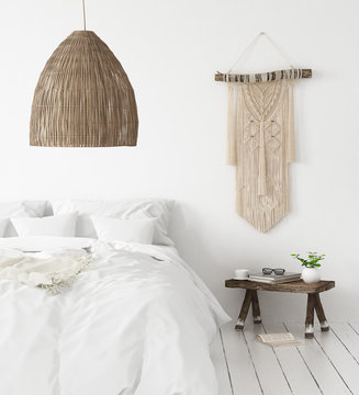 Bedroom, Scandi-boho style, 3d render