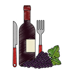 wine bottle with cutleries and grapes