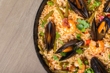 paella with seafood and vegetables