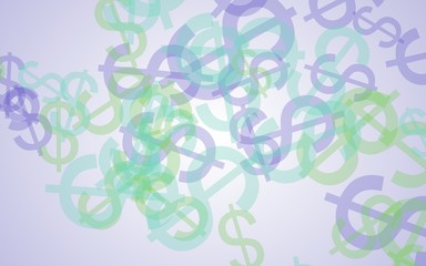 Multicolored translucent dollar signs on white background. Green tones. 3D illustration