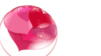 a lot of red hearts inside a transparent ball on a white background soap bubble