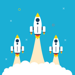 Vector rocket launch and smoke in background blue. Concept of startup project, innovation business, new idea, growth strategy. Rocket icon for infographic in flat design vector illustration.
