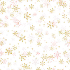 Vector seamless pattern of gold and pink snowflakes.