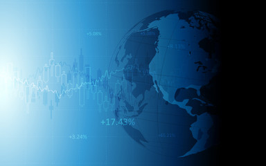 abstract financial bar chart in stock market and wireframe globe on blue color background