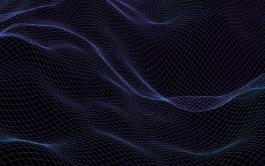 Naklejka premium Abstract landscape on a dark background. Cyberspace navy blue grid. Hi-tech network. 3D illustration