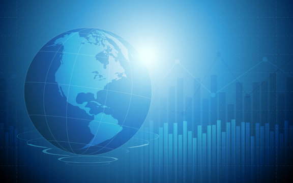 abstract financial bar chart in stock market and wireframe globe on blue color background
