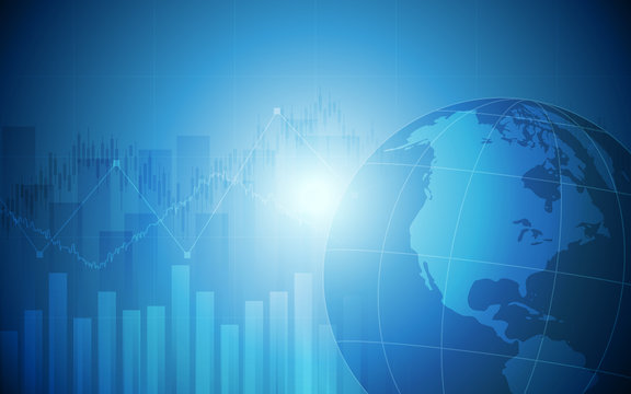 abstract financial bar chart in stock market and wireframe globe on blue color background