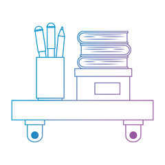 shelf with pencil holders and books vector illustration design