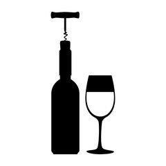 wine bottle silhouette with corkscrew and cup vector illustration design
