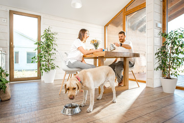 Dog eating from the bowl in the dining room with young couple on the background in the country...