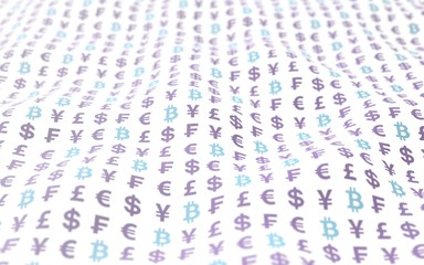 Bitcoin and currency on a white background. Digital Cryptocurrency symbol. Wave effect, currency market fluctuations. Business concept. 3D illustration