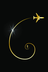 Airplane route in golden line shape. Abstract golden airplane flying leaving behind a golden trail on black background. Global travel concept vector illustration