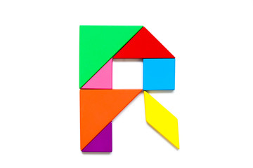 Color tangram puzzle in english alphabet r shape on white background