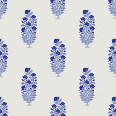 Woodblock printed indigo dye seamless ethnic floral all over pattern. Traditional oriental motif of India, flowers of Kashmir, with blue poppies on ecru background. Textile design. - 213814728