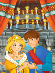 Obraz na płótnie Canvas cartoon scene with prince and princess talking together in the castle room - illustration for children