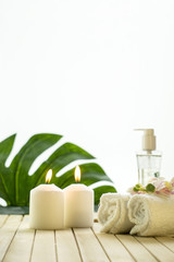 Fototapeta na wymiar Beautiful composition of spa treatment on white wooden table