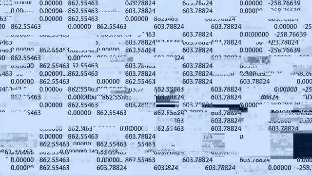 Analyzing financial report on computer screen with glitch effect