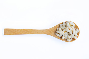 boiled Job's tears or adley or Coix lacryma-jobi in wooden spoon is a very nutritious cereal. The seeds are rich in minerals, vitamins, dietary fiber, and essential amino acids. in clude clipping path