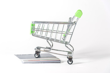 Shopping. The concept of purchases, consumer credit. Purchases on credit. Shopping cart on credit cards.