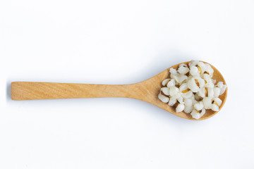 boiled Job's tears or adley or Coix lacryma-jobi in wooden spoon is a very nutritious cereal. The seeds are rich in minerals, vitamins, dietary fiber, and essential amino acids. in clude clipping path