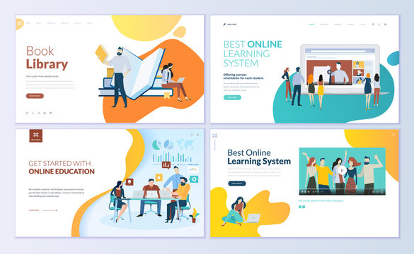 Set of web page design templates for book library, online learning, education. Modern vector illustration concepts for website and mobile website development. 