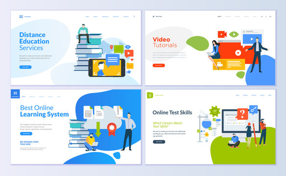 Set of web page design templates for distance education, video tutorials, e-learning, online test skills. Modern vector illustration concepts for website and mobile website development. 
