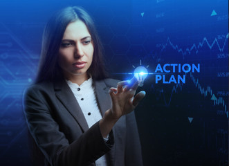 The concept of business, technology, the Internet and the network. A young entrepreneur working on a virtual screen of the future and sees the inscription: action plan