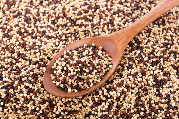 Real quinoa seeds in a wooden spoon