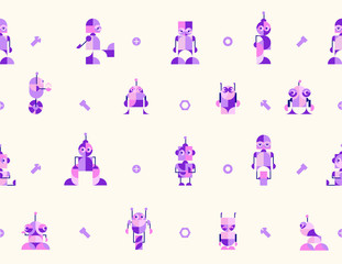 Robots, Nursery Childish robot Background. Vector illustration. clip art. Seamless pattern, Decorativ Kids Apparel Design.