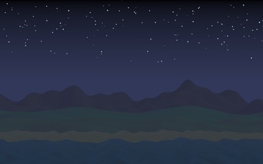 Fototapeta premium Starry moonless sky. Ocean shore line with waves on a beach. Island beach paradise with waves. Vacation, summer, relaxation. Seascape, seashore. Minimalist landscape, primitivism. 3D illustration