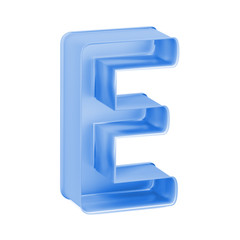 Blue baking cake pan, cookie cutter or toy mold like capital letter E on white background, 3D rendered font image