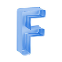 Blue baking cake pan, cookie cutter or toy mold like capital letter F on white background, 3D rendered font image