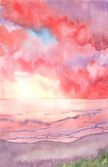 Hand drawn watercolor background. Landscape of orange sunrise, sunset on the sea with sunlight through the cloud and reflection on the water. Design for cover page, banner, booklet, landing page