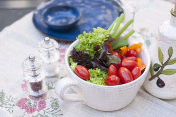 Vegetable salad in a ceramic plate. Lunch in the open air. Healthy food. Copy space.