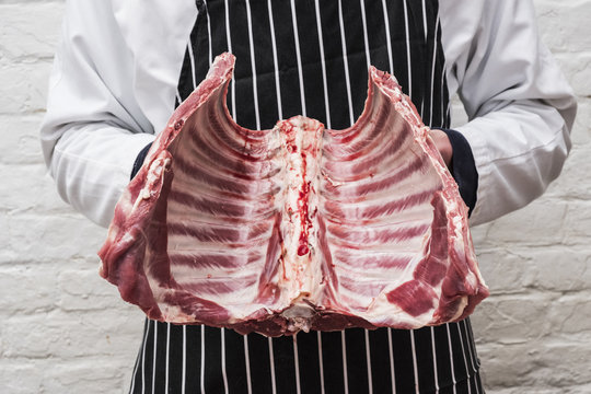 A butcher holding the ribs of a lamb carcass. 