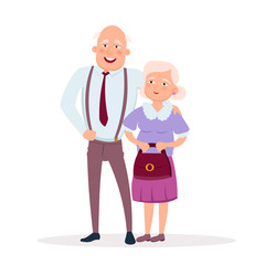 Couple of cute elderly standing together vector flat illustration. Aged lady and old man cartoon characters smiling and having date isolated on white background.