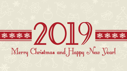 Vector 2019 Happy New Year and Merry Christmas background, web banner, text label with snowflakes. Winter theme doodles illustration.Greeting card template, flat pastel design.