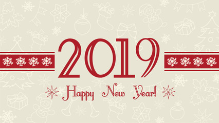 Fototapeta na wymiar Vector 2019 Happy New Year background, web banner, text label with snowflakes. Winter theme doodles illustration.Greeting card template, flat pastel design.