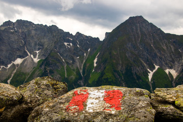 Naklejka premium Austrian flag painting on a rock on the top of a mountain in the austrian alps