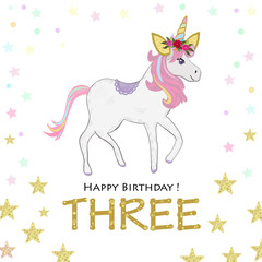 Third birthday greeting. Three. Magical Unicorn Birthday invitation. Party invitation greeting card