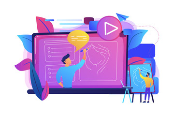 A man with easel before screen with video learning how to draw a portrait. Education video, modern teaching tool and interactive learning concept. Violet palette. Vector illustration on background