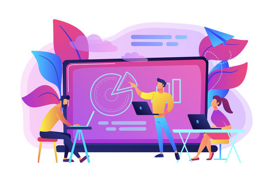 Students with laptops sitting around lector behind interactive board. Digital classroom, flipped class, blended learning and smart classroom. Modern education concept.Vector illustration on background